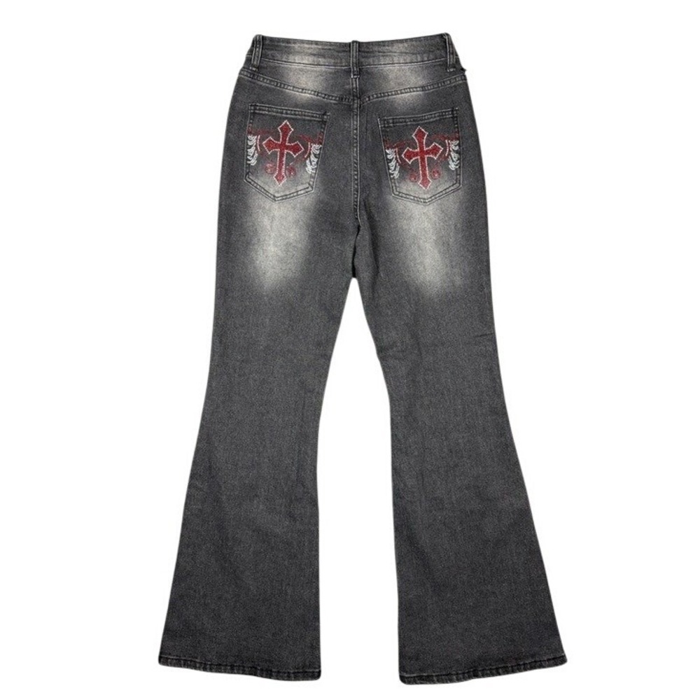 Romwe Womens Gray High Waisted Flare Jeans Red Cross Embroidered Y2K Goth Size M